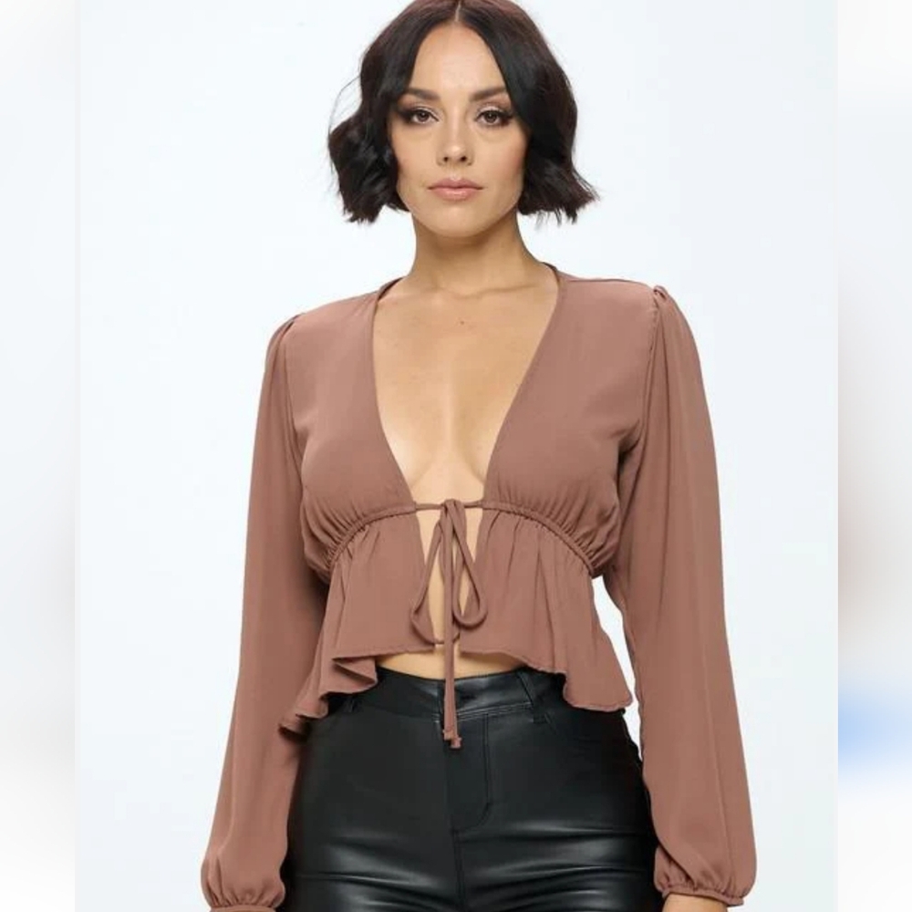 Chocolate sheer longsleeve tie front blouse size Large LIKE NEW